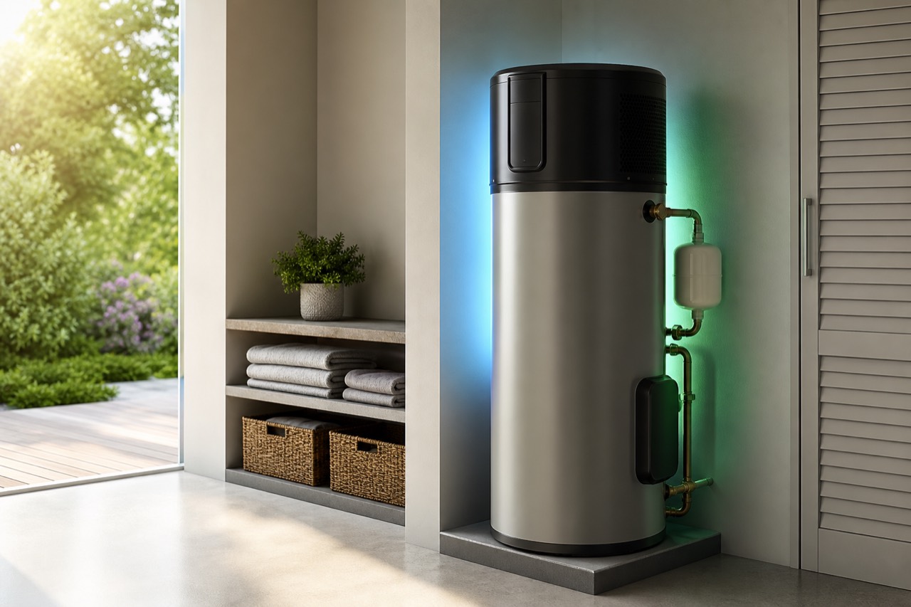 Energy-efficient water heater representing rebates and savings