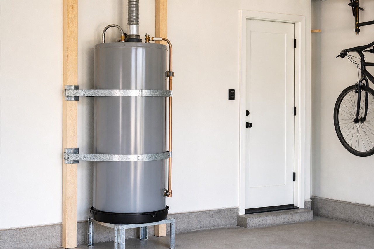 Water heater secured to the wall with seismic earthquake straps