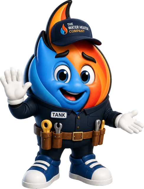 Tank, the THE Water Heater Company mascot, waving hello