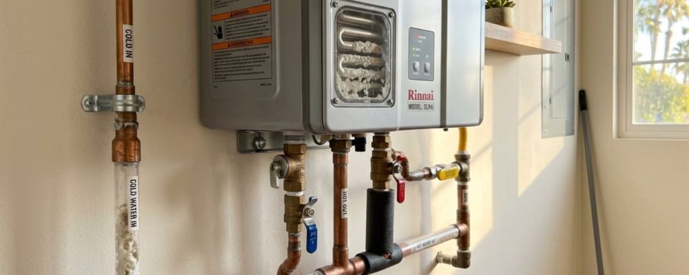 modern tankless water heater installation in a Southern California home with mineral buildup on pipes - what happens if you