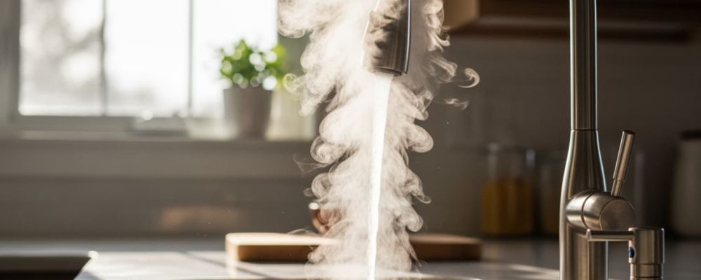 homeowner waiting for hot water at kitchen tap, Southern California home interior